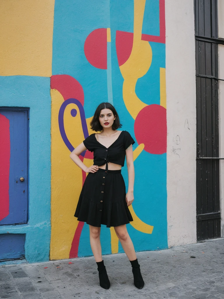her name is Amelie, high quality, 1girl, ((25-year-old fit Caucasian woman)), ((25 years old)), ((SLIM)), ((Micro Bob dark hair)), pose: standing, wearing Popular Generation-Z modern wear elegant colored, BACKGROUND:  "In the colorful neighborhood of La Boca, with its vibrant street art and lively tango performances."
