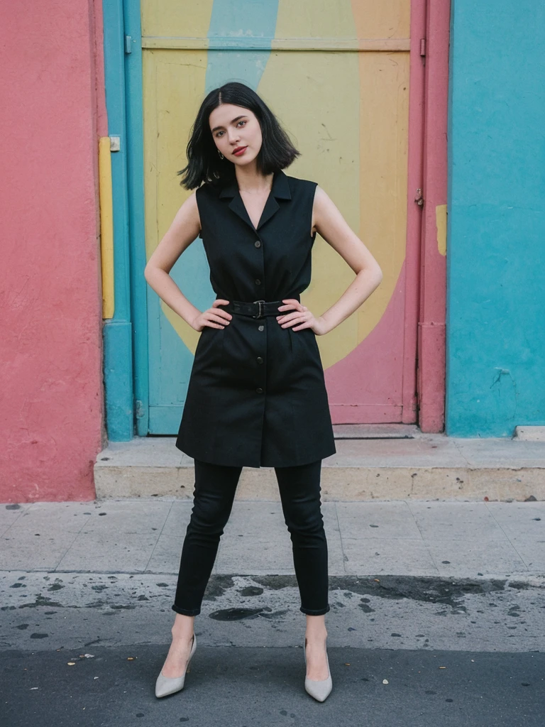 her name is Amelie, high quality, 1girl, ((25-year-old fit Caucasian woman)), ((25 years old)), ((SLIM)), ((Micro Bob dark hair)), pose: standing, wearing Popular Generation-Z modern wear elegant colored, BACKGROUND: "In the colorful neighborhood of La Boca, with its vibrant street art and lively tango performances."