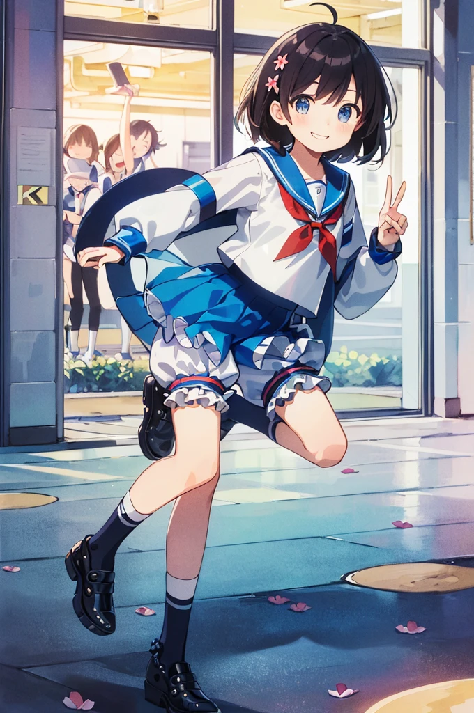 Several elementary school students, (masterpiece:1.8),(Highest quality:1.8),(Very detailed:1.8),(8k:1.8),(Ultra-fine Illustration:1.3),Random Hairstyles,Flat Chest,Long sleeve sailor suit,,(Frills,Bloomers:1.4),(Pose with a smile:1.5),Schoolyard running,(Full body angle),,
