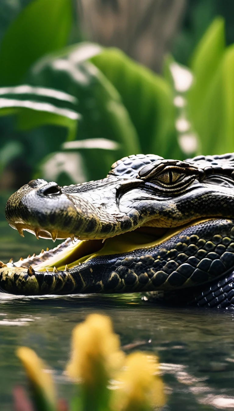 Alligator wrapped up by an anaconda, tropical background, cinematic lighting, bloom, wide shot, super detail, award winning, best quality, 8k, UHD, masterpiece