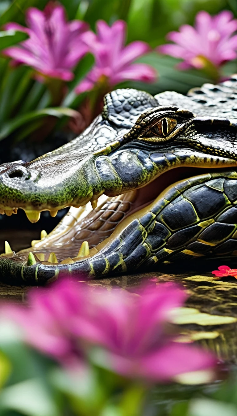 Alligator wrapped up by an anaconda, tropical background, cinematic lighting, bloom, wide shot, super detail, award winning, best quality, 8k, UHD, masterpiece