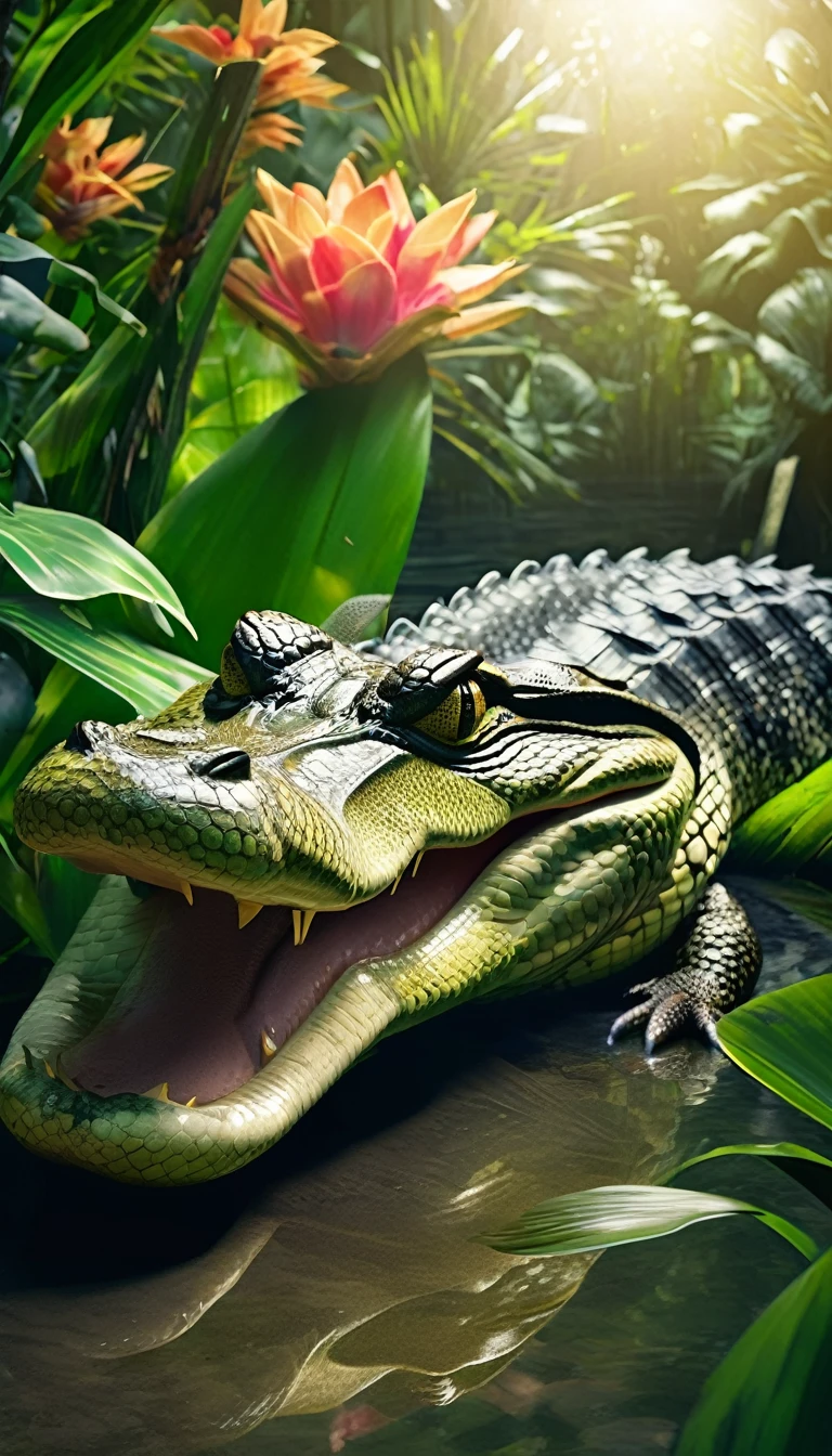 Alligator wrapped up by an anaconda, tropical background, cinematic lighting, bloom, wide shot, super detail, award winning, best quality, 8k, UHD, masterpiece