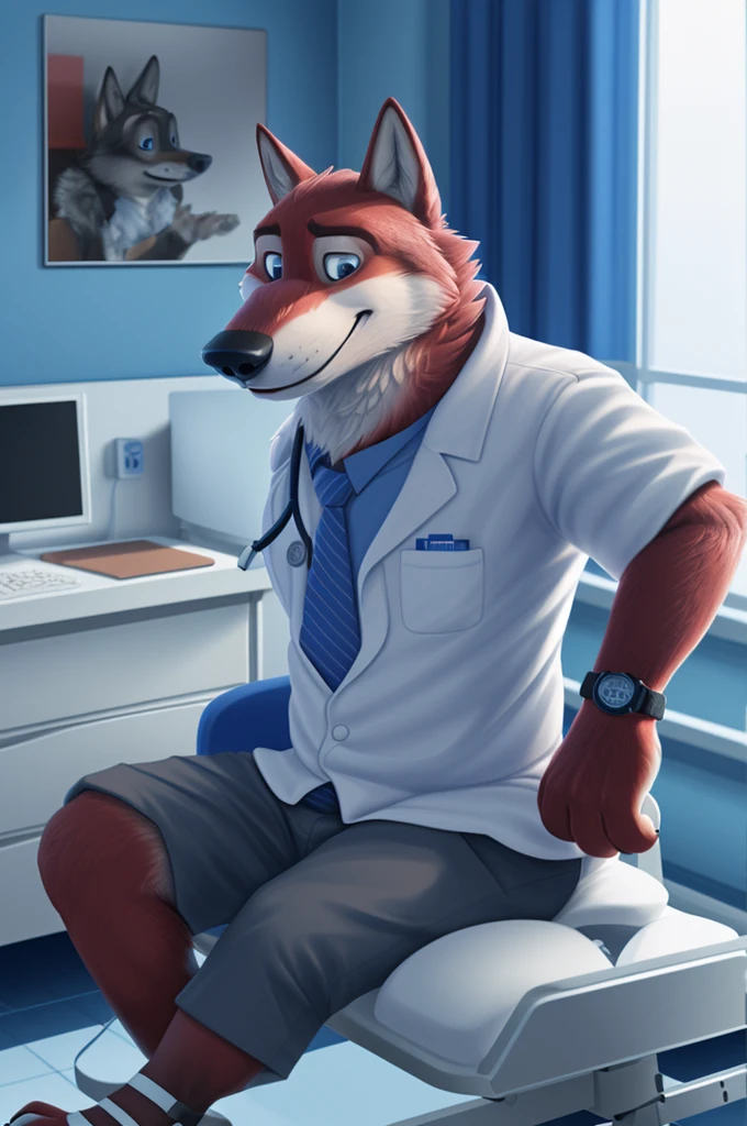 Joachim Wolfbach (Zootopia),tall handsome, wolf,young, 24 years, brown fur,(red body:1.3),Blue eyes, Moscow Dressed, red headdress,in a white medical gown,shirt pants,Sandals,tie,black pantsblue, stethoscope, pediatrician,canine, wolf, detailed fur, Male, antro, paw pads, finger claws,Prays, at viewer, 5 fingers, paws, 5 fingers, smile, happy, resting, wrist watch,stethoscope,looks at the monitors, т nextel, sitting at home in the medical intensive care unit,by xenoforge, (difficult, high detail, digital, photo, soft focus, RAW, pilot by training,ulba,tender, very kind, sincere, advises, patient, детский pediatrician,holding a wolf cub,
photorealism, realistic, photorealistic, og style, subsurface scatng,
masterpiece, Best quality, ultra realistic, 8 K)