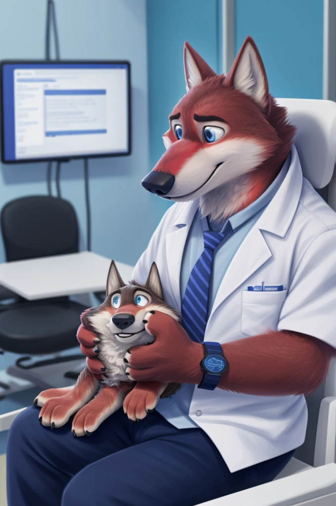 Joachim Wolfbach (Zootopia),tall handsome, wolf,young, 24 years, brown fur,(red body:1.3),Blue eyes, Moscow Dressed, red headdress,in a white medical gown,shirt pants,Sandals,tie,black pantsblue, stethoscope, pediatrician,canine, wolf, detailed fur, Male, antro, paw pads, finger claws,Prays, at viewer, 5 fingers, paws, 5 fingers, smile, happy, resting, wrist watch,stethoscope,looks at the monitors, т nextel, sitting at home in the medical intensive care unit,by xenoforge, (difficult, high detail, digital, photo, soft focus, RAW, pilot by training,ulba,tender, very kind, sincere, advises, patient, детский pediatrician,holding a wolf cub,
photorealism, realistic, photorealistic, analog style, subsurface scattering,
masterpiece, Best quality, ultra realistic, 8 K)
