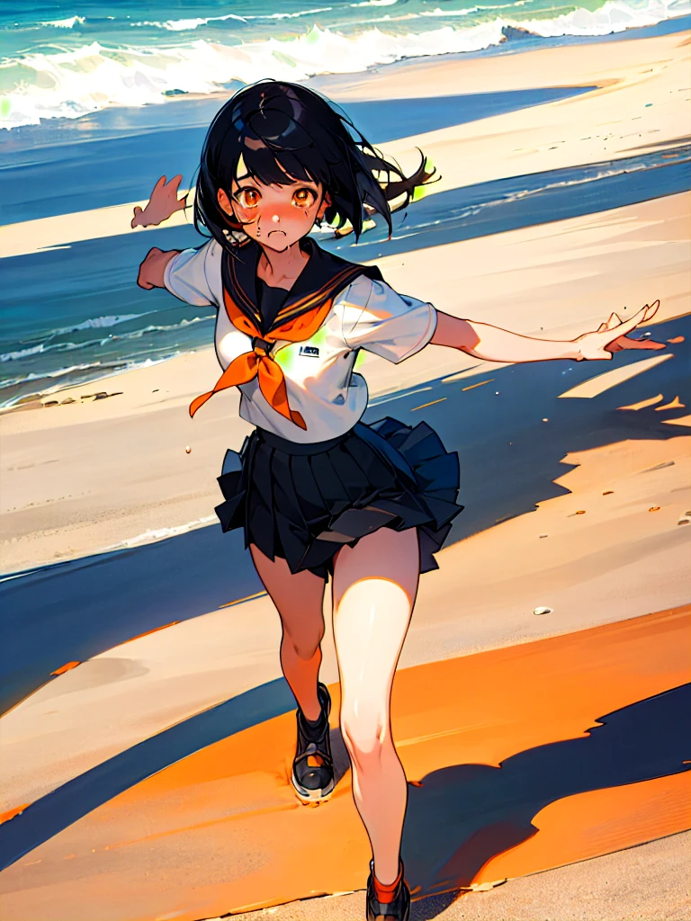 Highest quality,One Girl, Shortcuts,masterpiece, High resolution, Anatomically correct, Orange eyes,far and near method, Anime Style, Black Hair, The legs are detached from the frame, Sailor suit,Pleated skirt,Beach, Sunburn,Slanted Eyes, Are crying,A person is in shadow