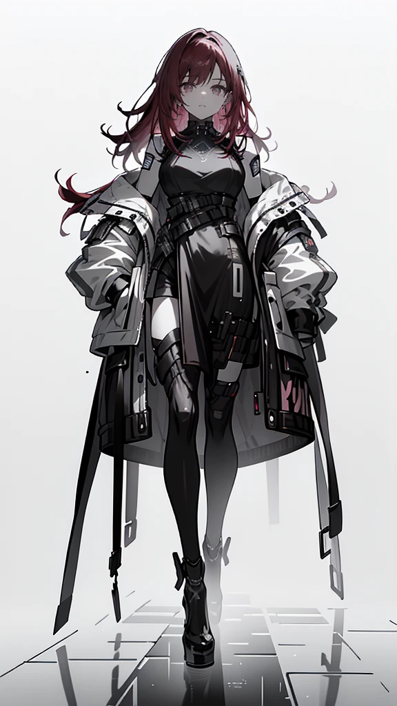 detailed portrait of a beautiful girl with red hair, blue eyes, wearing cyberpunk style clothing with hand in pocket, against a pink background with black high heels, highly detailed, 4k, photorealistic, cinematic lighting