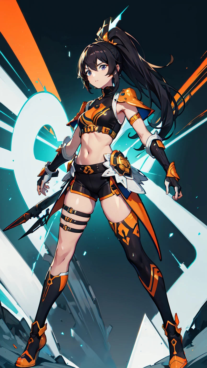 (((One character))), Female, (((Dark Skin)))), Black Hair with Ponytail, Light Blue Eyes, Round Glasses with a Little Dark Lens with this Lens being Orange, and the Light Blue Color frame, (((Black Metallic Gauntlets and Greaves with Orange and Silver Highlights)), (((The Clothes Have a Mix of Modern and Tribal)))), Having Mostly Black Color,  but having Orange Parts, Shoulders on Display, On the Hip a Shorts extending to Half of the Thigh of black color.