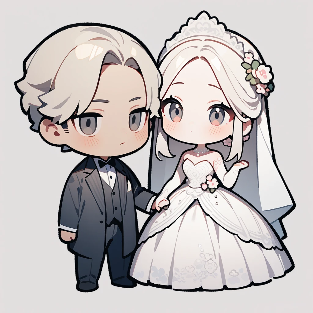 chibi style，Lovely，masterpiece, best quality, 8k, Couple（One man and one woman），man（Indian）Suit，Woman wedding dress，Clean background