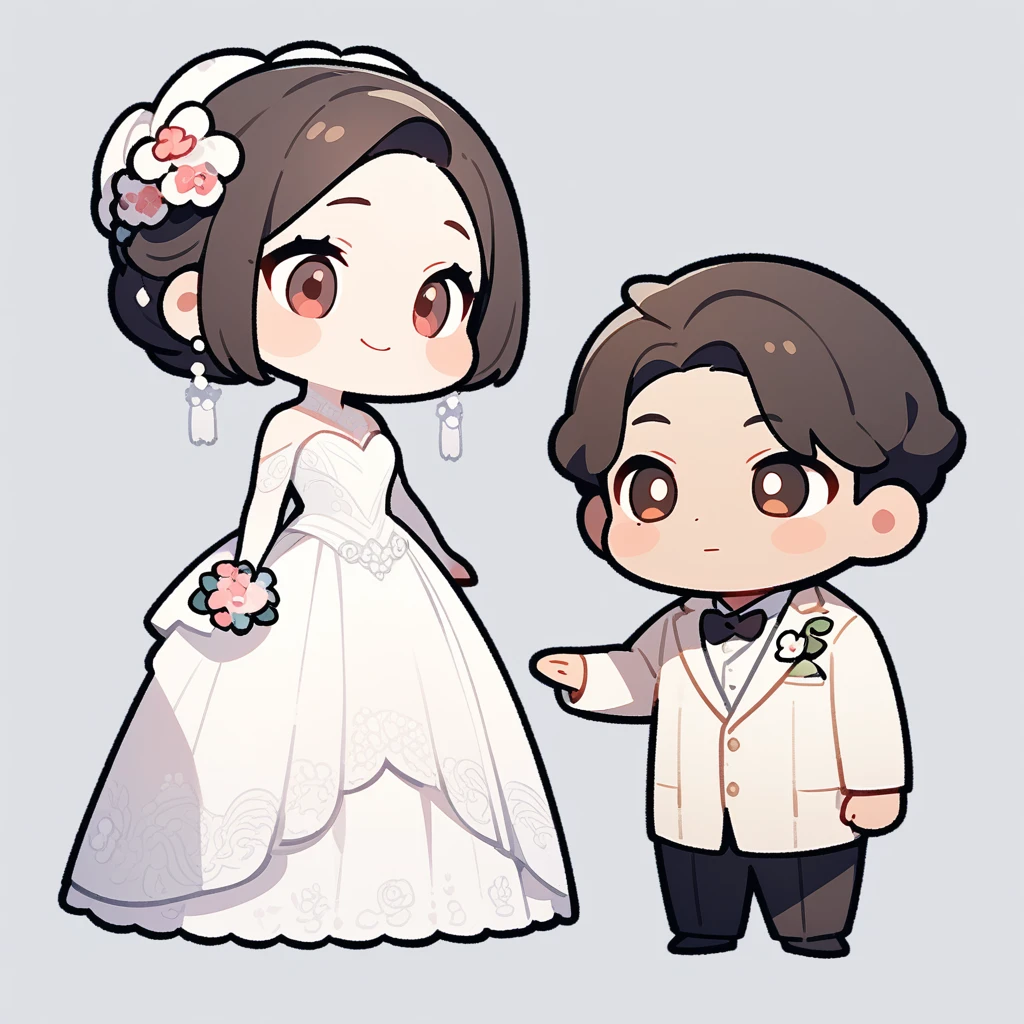 chibi style,Lovely,masterpiece, best quality, 8k, Couple(One man and one woman),man(Indian)Suit,Woman wedding dress,Clean background