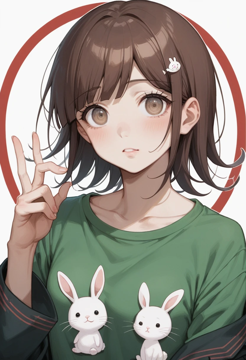 a close up of a person with a green shirt and a rabbit on a red circle, inspired by Leiko Ikemura, in an anime style, chihiro! fujisaki, nyaruko-san, inspired by Rumiko Takahashi, in anime style, chiaki nanami from danganronpa, anime style character, as an anime character