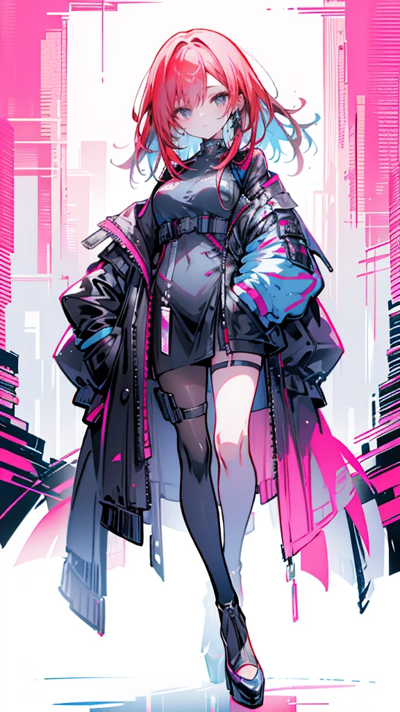 detailed portrait of a beautiful girl with red hair, blue eyes, wearing cyberpunk style clothing with hand in pocket, against a pink background with black high heels, highly detailed, 4k, photorealistic, cinematic lighting
