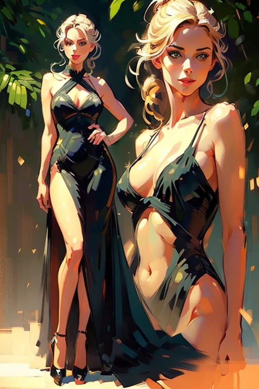 (full body:1.4),(realistic illustration:1.3).A very beautiful Russian woman. 31yo, brunette, green eyes, short, perfect figure, small breasts,(smile), Black dress, high heels, ponytail. Masterpiece, (highly detailed:1.2),(detailed face and eyes:1.2), 8k wallpaper, natural lighting. core shadows, high contrast, bokeh.(rule of thirds),
