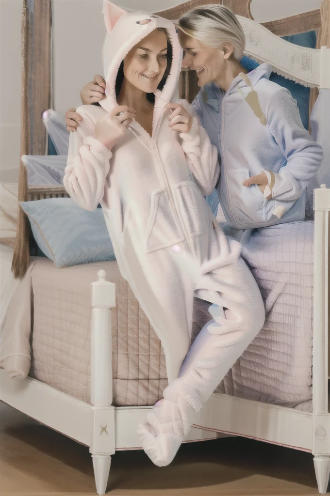 A teenage boy with white hair playing with baby toys. teething ring, ((playing with toys)), (wearing cat hoodie-footie pjs), (((wearing a diaper))), [[sleeping]], (in a crib 1.5), stuffed animals, ((1boy)), high quality, extremely detailed, highly detailed, masterpiece, soft lighting, warm colors, pastel colors, (well drawn fingers), hood up,