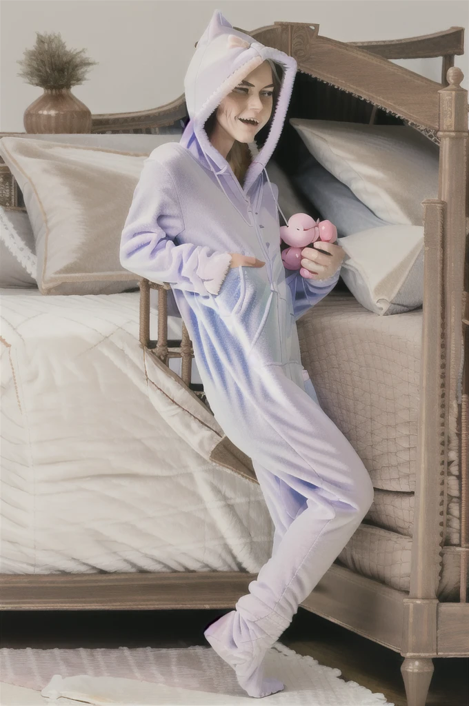 A age boy with white hair playing with baby toys. teething ring, ((playing with toys)), (wearing cat hoodie-footie pjs), (((wearing a diaper))), [[sleeping]], (in a crib 1.5), stuffed animals, ((1boy)), high quality, extremely detailed, highly detailed, masterpiece, soft lighting, warm colors, pastel colors, (well drawn fingers), hood up,