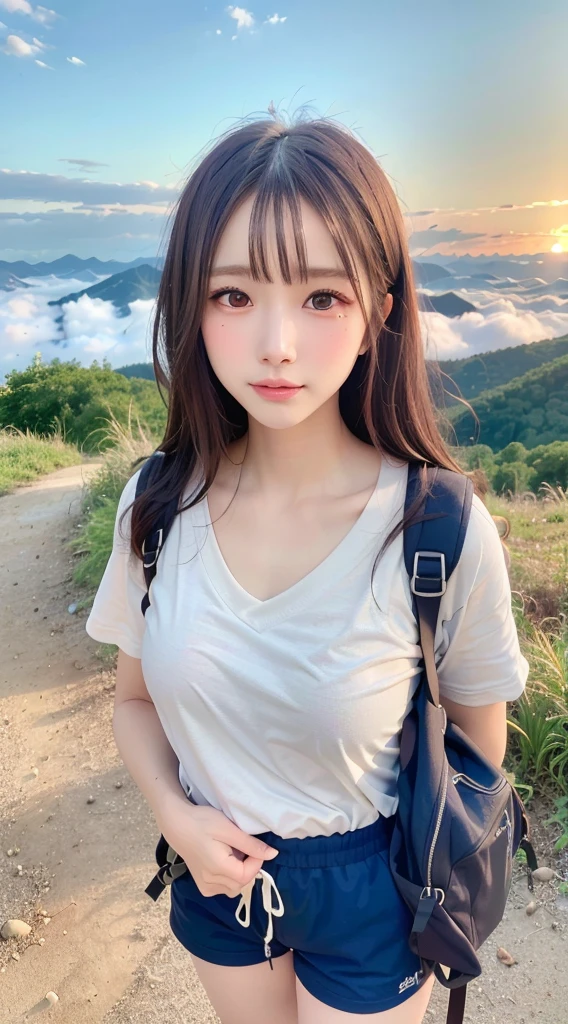 (Nature landscape photography), (Highest quality), masterpiece:1.2, Ultra-high resolution, Realistic:1.4, RAW Photos, (Majestic Mountain, sea of clouds), (At the top of a very high mountain), (sunset), (Wide-angle shot),  (Showing a small amount of cleavage:0.8),
(One girl:1.3), (Above the knees photo:1.3), (30 years old), (smile:0.9), (Glowing Skin), (Semi-long hair, Dark brown hair), 
(Oversized white V-neck T-shirt, Trekking shorts), (Carry a large backpack on your back), 
(Ultra detailed face), (Super beautiful poop), (Highly detailed eyes), (Very elaborate nose), (Highly detailed mouth), (Very skilled hands), (Super-detailed body), Pan Focus, Looking at the audience