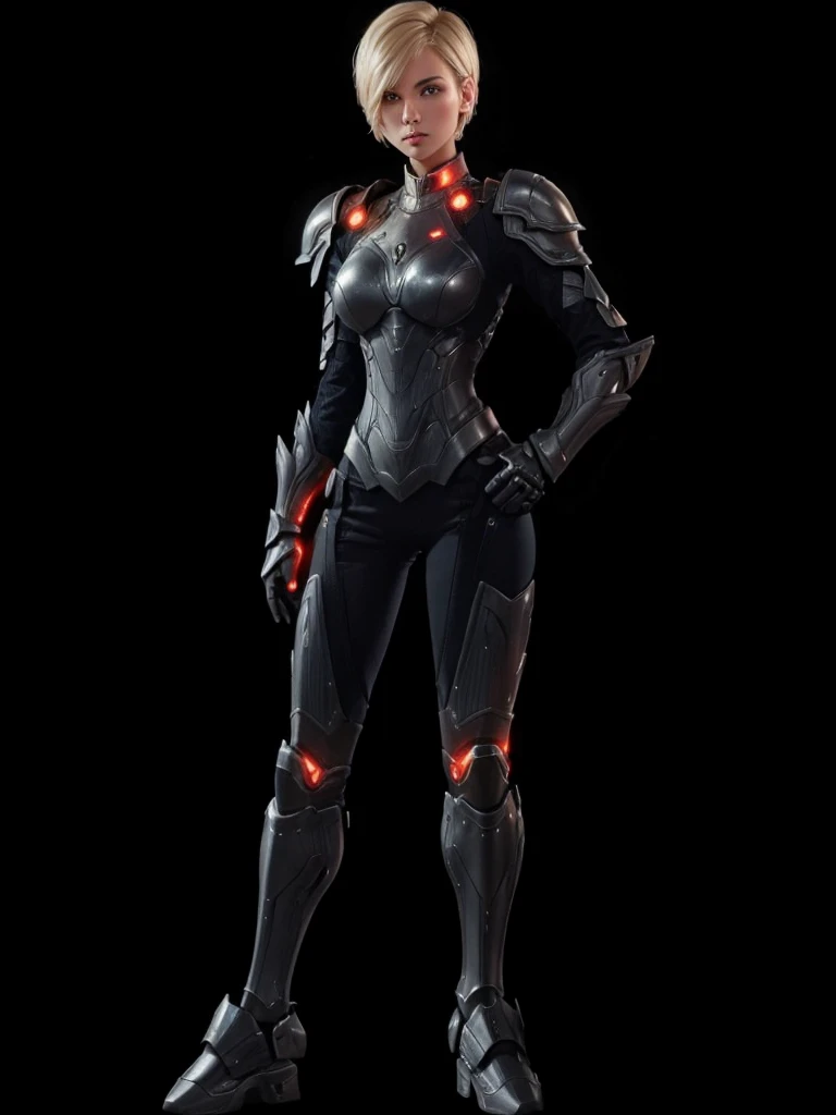 A beautiful woman, short hair blonde, with futuristic armor on the body.