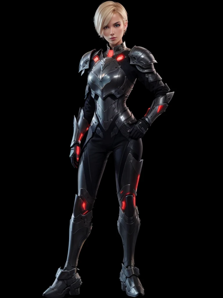 A beautiful woman, short hair blonde, with futuristic armor on the body.