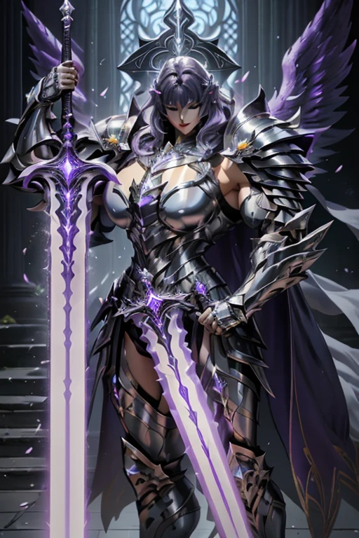 (((Massive beautiful, buff, pale white skinned muscular female saint knight with violet purple hair, black lipstick, ginormous bulky muscles, carrying a giant sword and wearing a violet Saint Seiya Gemini Armor))), (((close-up view))), large breast, massive muscles, massive biceps, hyper muscle shoulders, hyper muscle triceps, (long hair with long bangs), black eyes, (Paladin boots), (angel metal armor), breastplate, (angel gauntlets), (holy Shoulder armor), closed smile, (in a heavenly castle), Vascular arms, hyper muscles arms, hyper muscle legs, massive buff arms.