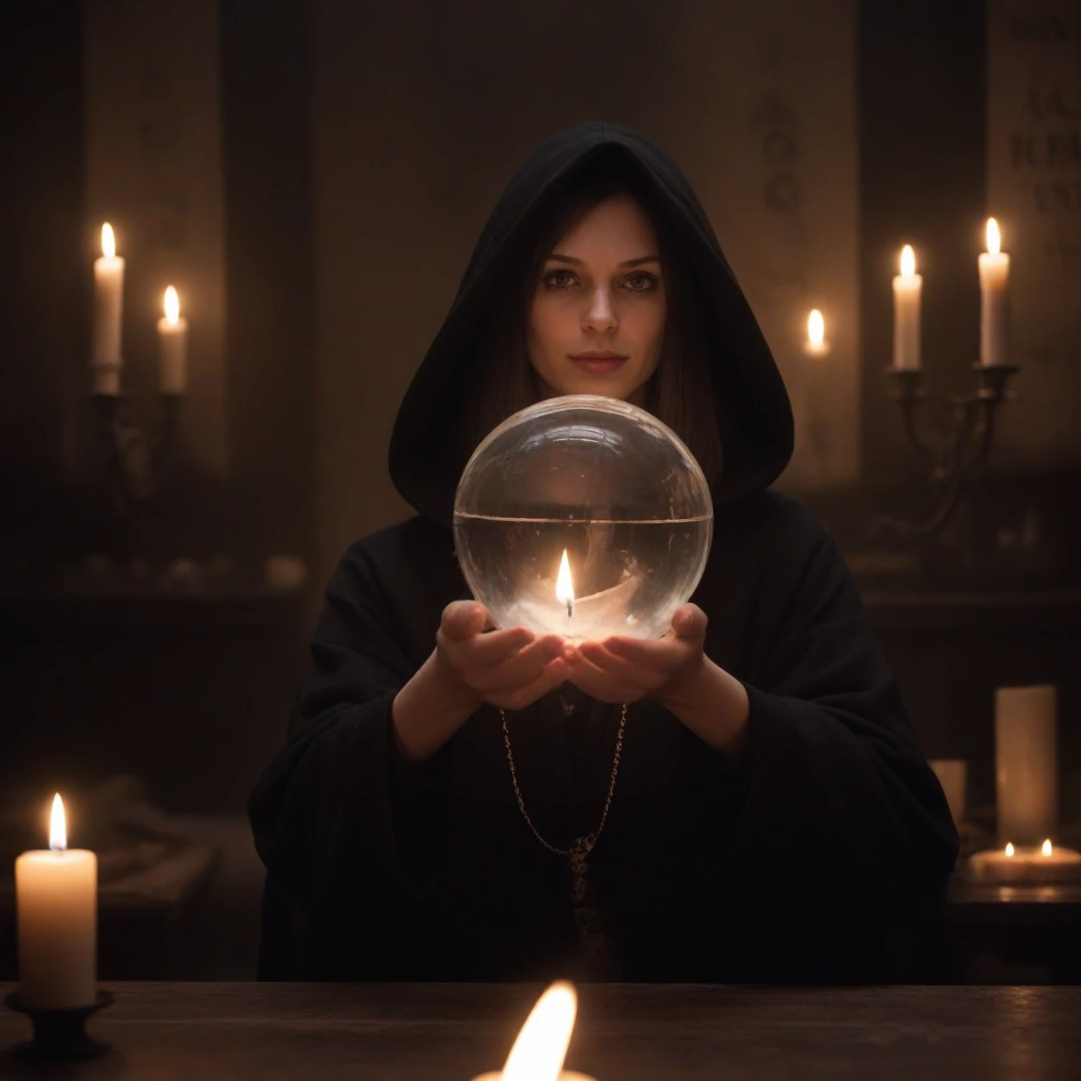Photo of a female magician holding a glass sphere with a person inside, Depth of written boundary, Cinematic,Black hood,Lots of candles