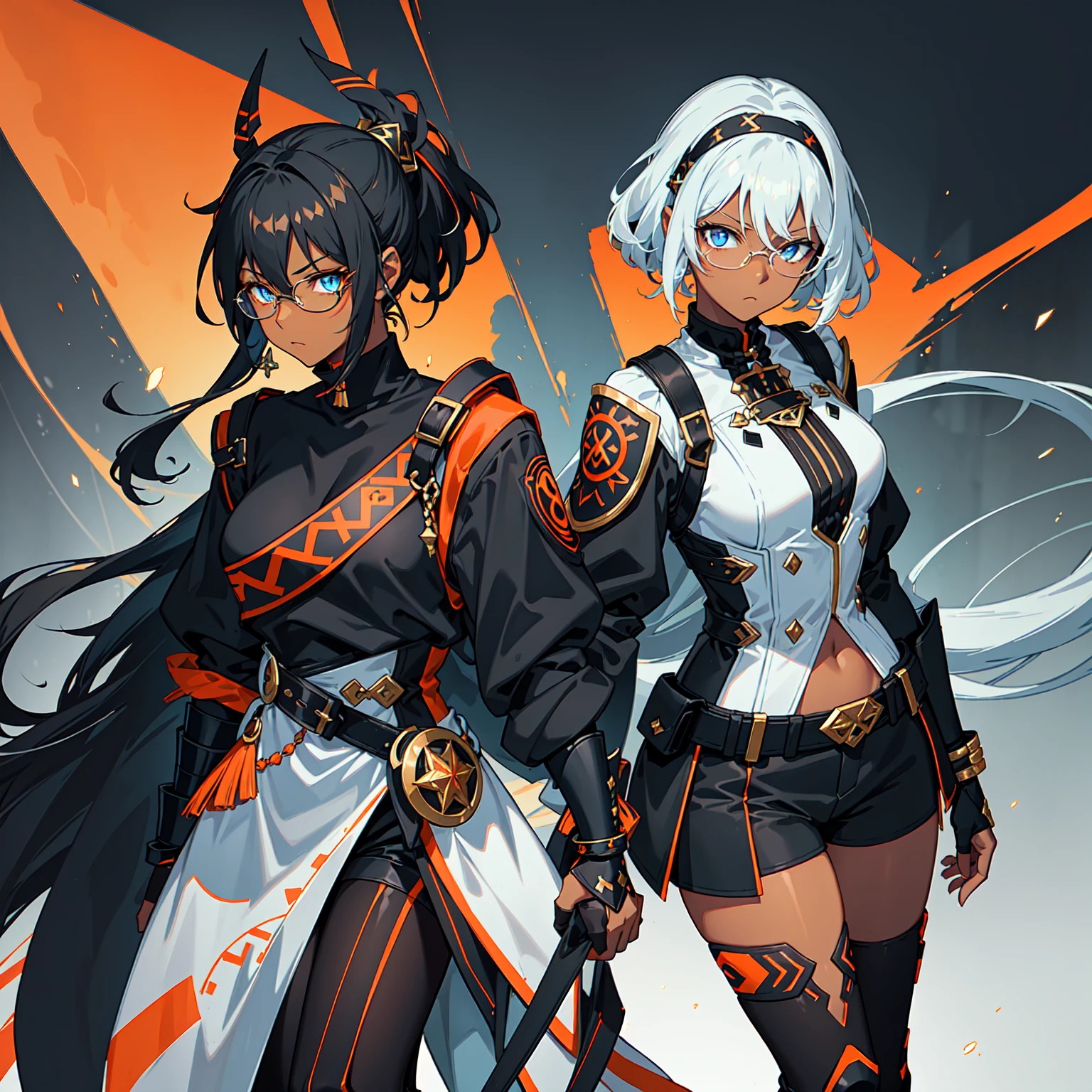 (((One character))), Female, (((Dark Skin)))), Black Hair with Ponytail, Light Blue Eyes, Round Glasses with a Little Dark Lens with this Lens being Orange, and the Light Blue Color frame, (((Black Metallic Gauntlets and Greaves with Orange and Silver Highlights)), (((The Clothes Have a Mix of Modern and Tribal)))), Having Mostly Black Color,  but having Orange Parts, Shoulders on Display, On the Hip a Shorts extending to Half of the Thigh of black color.