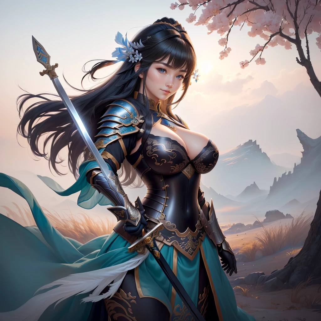 a woman in armor holding a sword and a feather, zhao yun, by Ju Lian, by Qu Leilei, chinese warrior, inspired by Shen Zhou, inspired by Li Mei-shu, by Li Zai, g liulian art style, a beautiful woman warrior, inspired by Li Rongjin, inspired by Ju Lian, beautiful character painting, xianxia hero, Highly detailed CG unit 8k wallpaper, masterpiece, High resolution, highest quality, highest quality real texture skin, Super Real, Digital Painting, Best image quality, 最High resolution, 8k, ((Highly detailed eyes and face, Beautiful eyes every detail)), profile, black hair, (Saggy breasts, Gravity-dependent breasts, long chest, Heavy chest, disproportionate breasts, huge breasts, sagging breasts, gigantic breasts,), smile, 