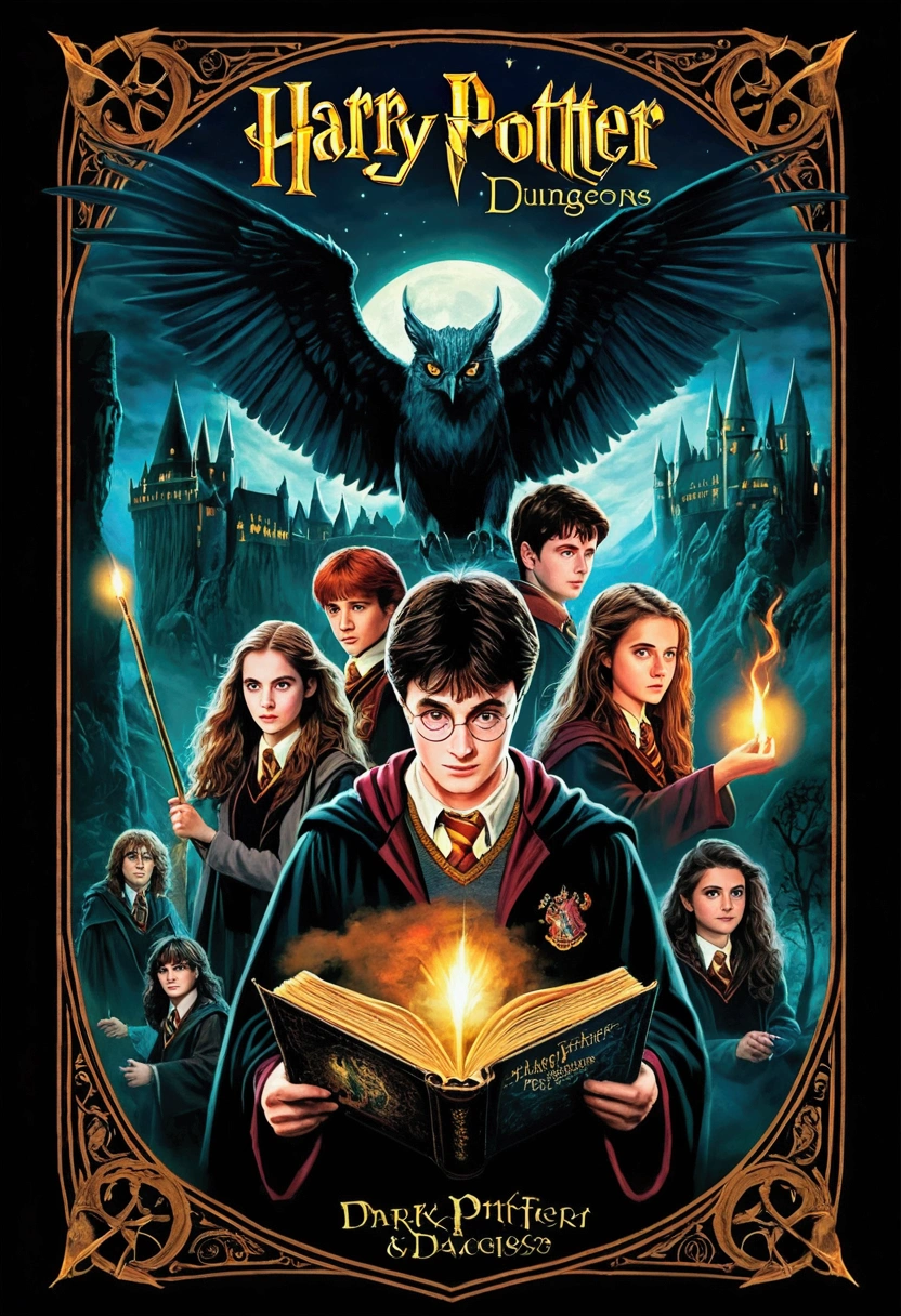 make an image of an original book franchise that is a combination of harry potter and twilight. make a cover in the style of 80s and 70s dungeons and dragons like dark fantasy art