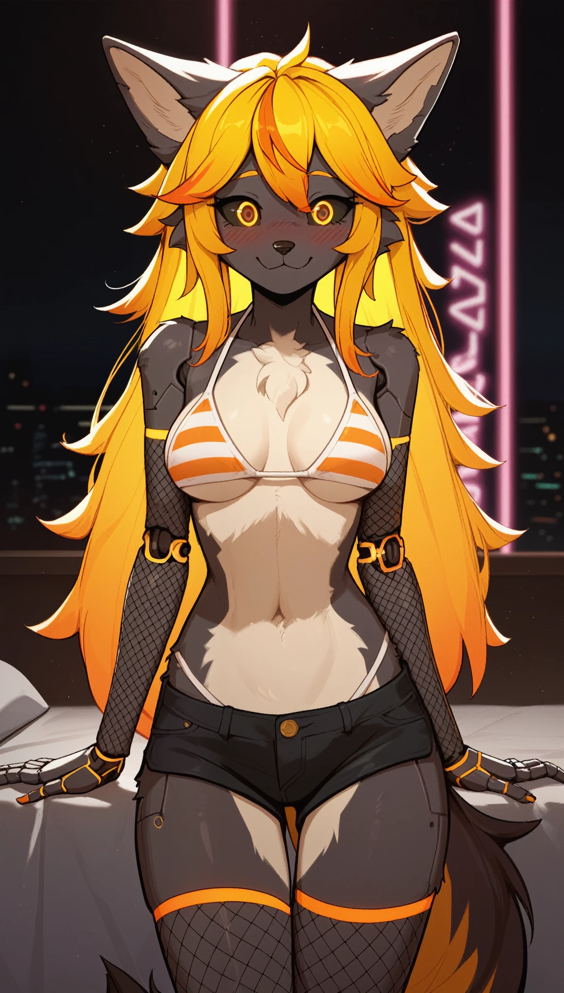 Excited expression, 1girl, anthro, furry, fur, fluffy fur, wolf girl, yellow hair (orange highlights), black sclera, yellow eyes, glowing eyes, long hair, Messy hair, (19 years), medium breast, thighs, solo, (futuristic bedroom), neon lights, detailed, white bikini (striped bikini), black shorts, white fishnet stockings, white fishnet armwear, wide smile (closed mouth), looking at the viewer, blush, (robot), score_9, score_8_up, score_7_up, score_6_up, score_5_up, score_4_up