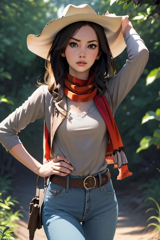 Highest quality High resolution Western Wilderness Cute girl in gunfighter clothes Ten-gallon hat Revolver pistols jeans gun belt A scarf is wrapped around the neck The background is the wilderness:1.8