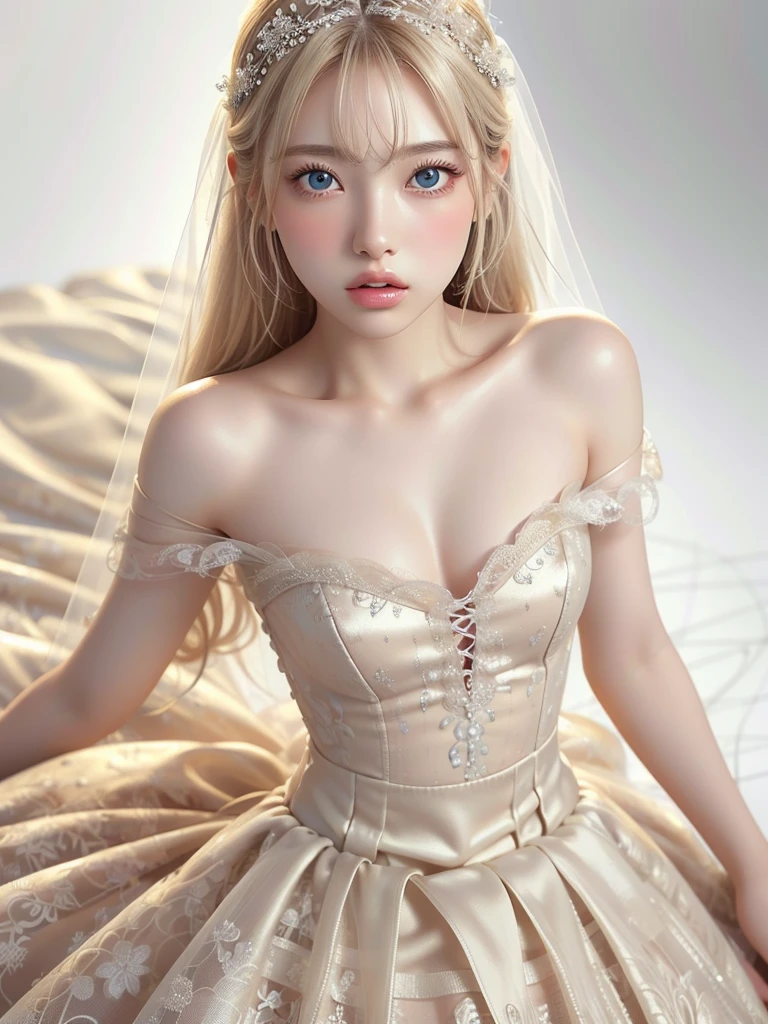 (((Open your mouth wide and stick out your tongue)))、(((Thin and small beautiful wedding dress)))、(((Wear thin and light clothing)))、(((Large chest)))、Squatting on the bed、One of the most beautiful 18-year-old Caucasian girls in the world、((Glossy Super Beautiful Super Long Silky Straight Blonde))、 (((Petite))), ((Little)), (((Flat))), ((skinny)), (((small ass))), (((slim thigh))), Super long bangs hanging in front of you、bright beautiful pale blue eyes、Small face beauty、Pure white beautiful skin、Oily shiny skin on the cheeks、bright expression、girl, Solo,
