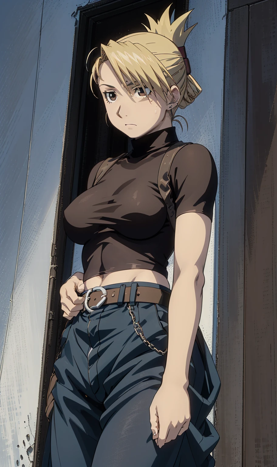 masterpiece, Highest quality, High resolution, One girl, Himliza, ponytail, Brown eyes,big , Black Shirt, Tight shirt, holster, Short sleeve, belt, Covered navel, Blue pants,Inside the room、Upper body close-up、Muscular body、blush、Sweat、Composition from the front、anime、Hide your arms behind your back、(((Torn clothes、Your breasts are completely visible)))