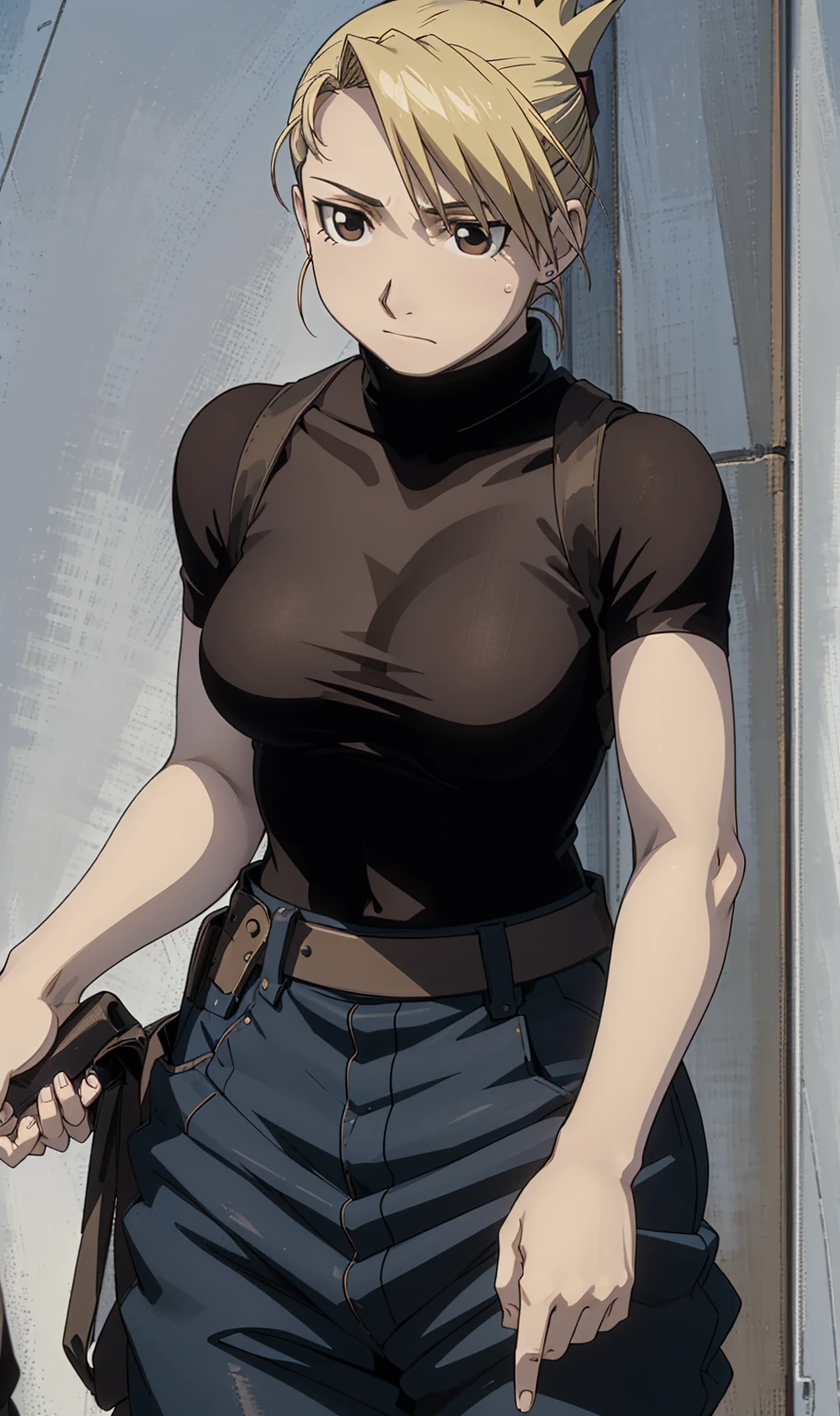 masterpiece, Highest quality, High resolution, One girl, Himliza, ponytail, Brown eyes,big , Black Shirt, Tight shirt, holster, Short sleeve, belt, Covered navel, Blue pants,Inside the room、Upper body close-up、Muscular body、blush、Sweat、Composition from the front、anime、Hide your arms behind your back、(((Torn clothes、Your breasts are completely visible)))