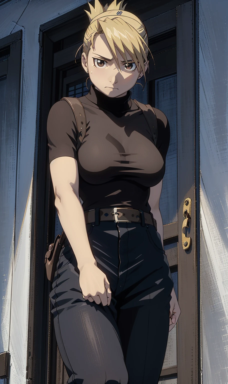 masterpiece, Highest quality, High resolution, One girl, Himliza, ponytail, Brown eyes,big , Black Shirt, Tight shirt, holster, Short sleeve, belt, Covered navel, Blue pants,Inside the room、Upper body close-up、Muscular body、blush、Sweat、Composition from the front、anime、Hide your arms behind your back、(((Torn clothes、Your breasts are completely visible)))