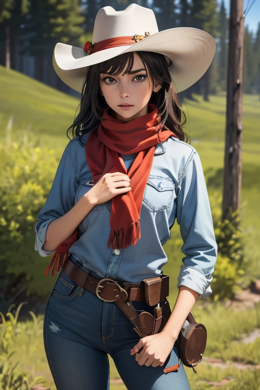 Highest quality　High resolution　Western Wilderness　Cute girl in gunfighter clothes　Ten-gallon hat　Revolver pistols　jeans　gun belt　A scarf is wrapped around the neck　The background is the wilderness:1.8