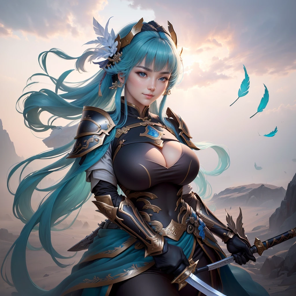 a woman in armor holding a sword and a feather, zhao yun, by Ju Lian, by Qu Leilei, chinese warrior, inspired by Shen Zhou, inspired by Li Mei-shu, by Li Zai, g liulian art style, a beautiful woman warrior, inspired by Li Rongjin, inspired by Ju Lian, beautiful character painting, xianxia hero, Highly detailed CG unit 8k wallpaper, masterpiece, High resolution, highest quality, highest quality real texture skin, Super Real, Digital Painting, Best image quality, 最High resolution, 8k, ((Highly detailed eyes and face, Beautiful eyes every detail)), (Saggy breasts, Gravity-dependent breasts, long chest, Heavy chest, disproportionate breasts, huge breasts, sagging breasts, gigantic breasts,), smile,
