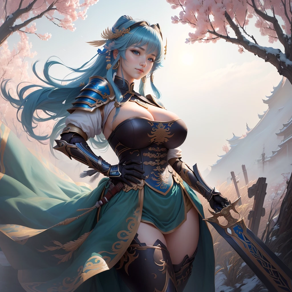 a woman in armor holding a sword and a feather, zhao yun, by Ju Lian, by Qu Leilei, chinese warrior, inspired by Shen Zhou, inspired by Li Mei-shu, by Li Zai, g liulian art style, a beautiful woman warrior, inspired by Li Rongjin, inspired by Ju Lian, beautiful character painting, xianxia hero, Highly detailed CG unit 8k wallpaper, masterpiece, High resolution, highest quality, highest quality real texture skin, Super Real, Digital Painting, Best image quality, 最High resolution, 8k, ((Highly detailed eyes and face, Beautiful eyes every detail)), profile, (Saggy breasts, Gravity-dependent breasts, long chest, Heavy chest, disproportionate breasts, huge breasts, sagging breasts, gigantic breasts, erect nipple),