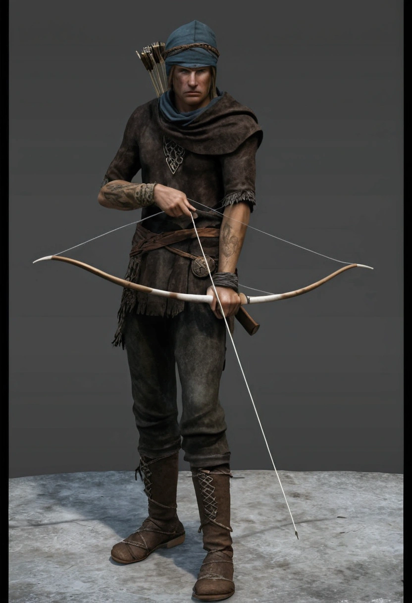 blond primitive archer with painted face, wearing animal skin rags and rustic clothing that was poorly sewn and poorly finished, with one arm uncovered and with Celtic tattoos: ultra realistic and detailed