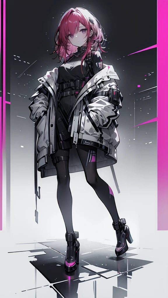 detailed portrait of a beautiful girl with red hair, blue eyes, wearing cyberpunk style clothing with hand in pocket, against a pink background with black high heels, highly detailed, 4k, photorealistic, cinematic lighting
