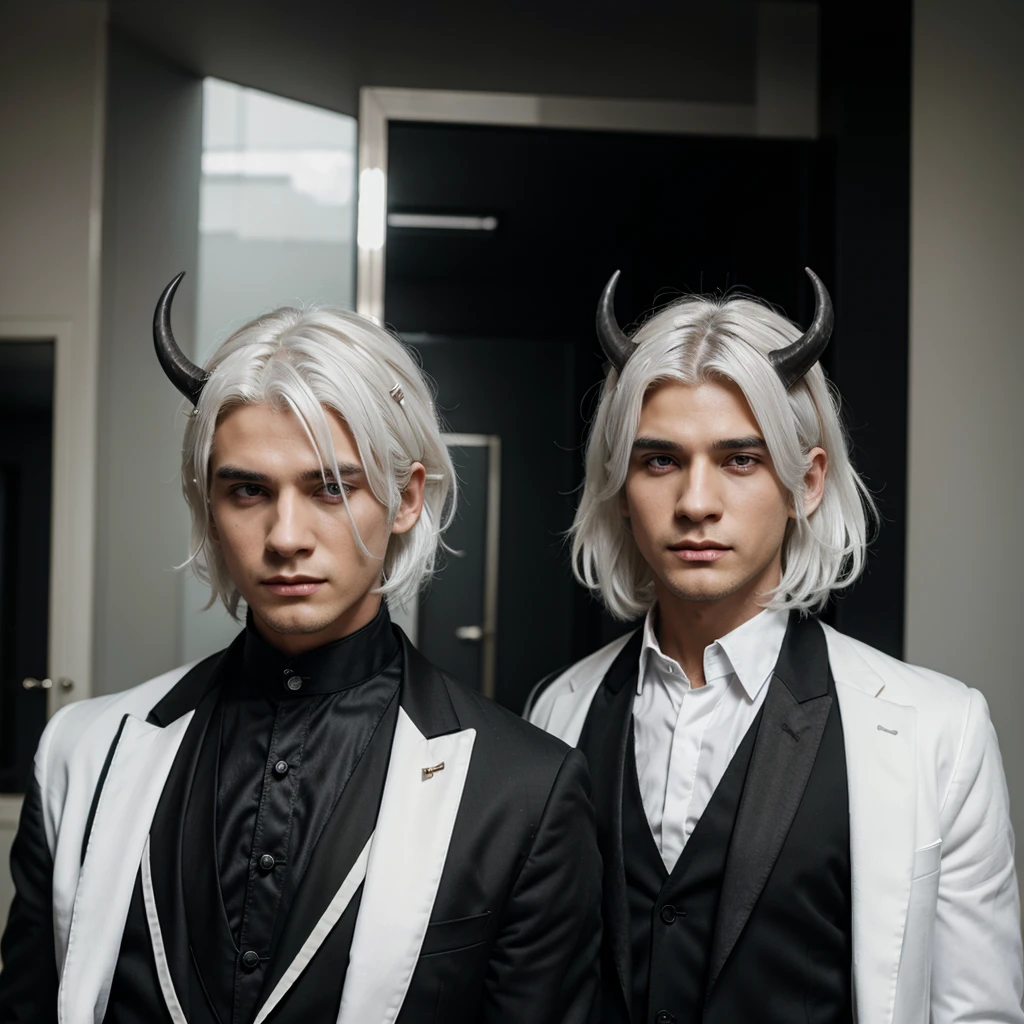 boy white hair and black suit with divil horn male