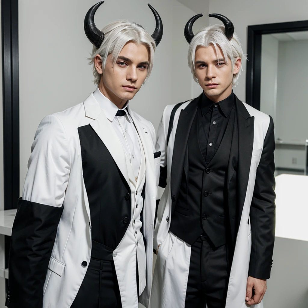 boy white hair and black suit with divil horn male