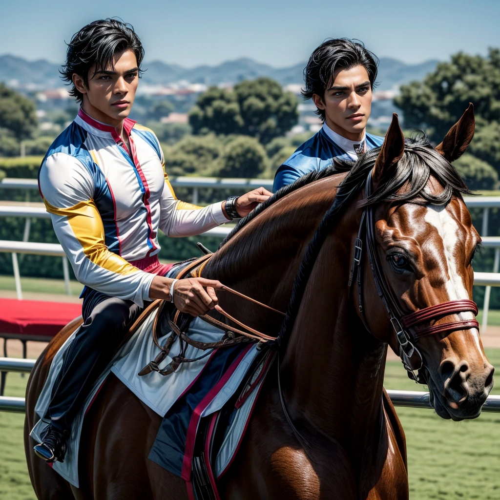 One man that is a muscular, attractive, black hair with somewhat tan skin, brown eyes, sharp jawline, thick eyebrows, racing silks outfit with bright and colorful colors inspired by polo men. Horse race track in the background With people riding horses.