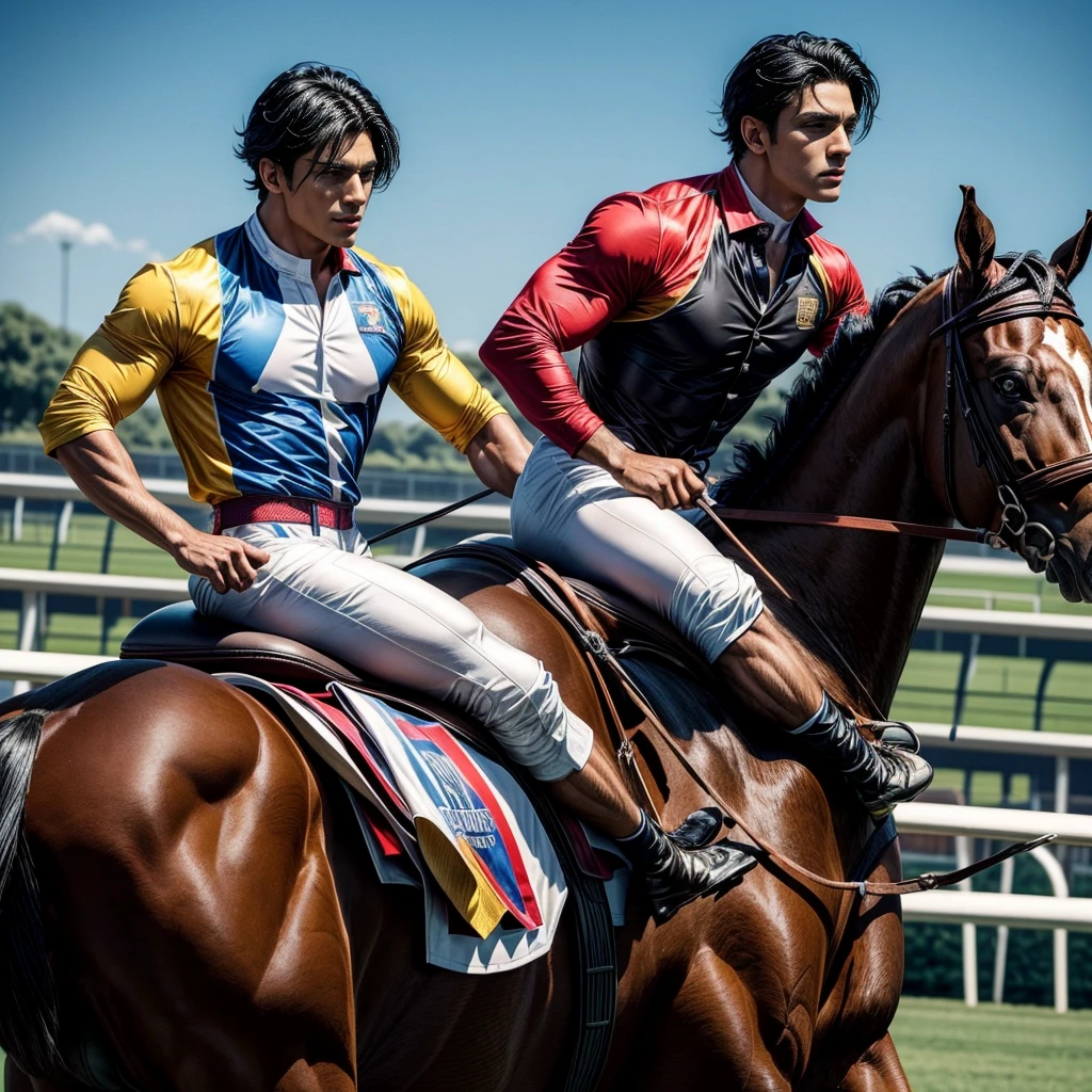 One man that is a muscular, attractive, black hair with somewhat tan skin, brown eyes, sharp jawline, thick eyebrows, racing silks outfit with bright and colorful colors inspired by polo men. Horse race track in the background With people riding horses.