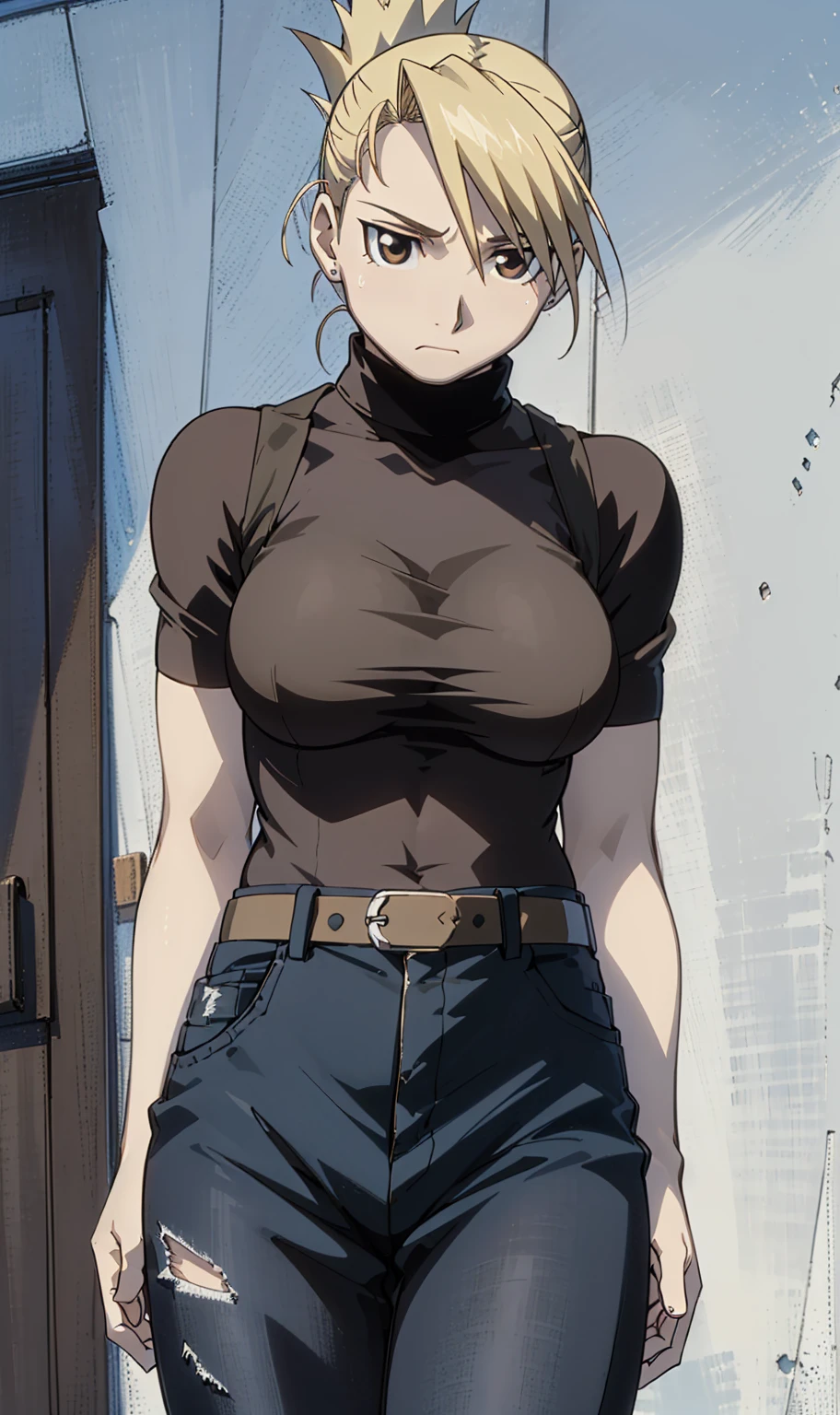 masterpiece, Highest quality, High resolution, 1 Girl, Hamriz, ponytail, Brown eyes,big , Black Shirt, Tight shirt, holster, Short sleeve, belt, Covered navel, Blue pants,Inside the room、Upper body close-up、Muscular body、blush、Sweat、Composition from the front、anime、Hide your arms behind your back、(((tits、Torn clothes、Torn clothes、Her breasts are completely visible)))