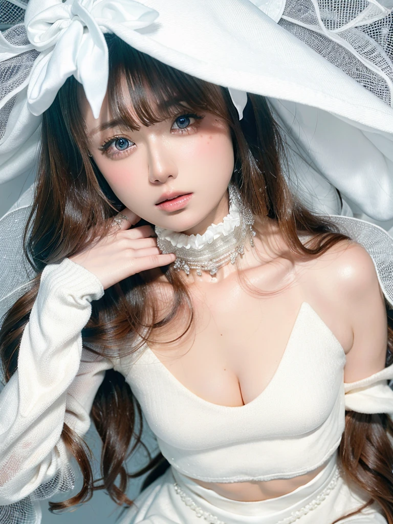 dreamy ambiance, highcontrast, ultrasharp, studio shoot、close up of face、(White Lace Ruffled Shirt Dress:1.5), (large chest with increased tension,,,,:1.3), Focus on the chest、Enhanced body、realisitic、Photo Real、extremely detailed cute girl、、japanes、Melancholy look, large full breastk-haired、Hair braids、thick bangs、Night, neons, Digital SLR, Looking at Viewer, natural, Candid, Sophisticated, zora々Right, Professional Lighting, Film grain, chromatic abberation, (Bokeh:1.1)