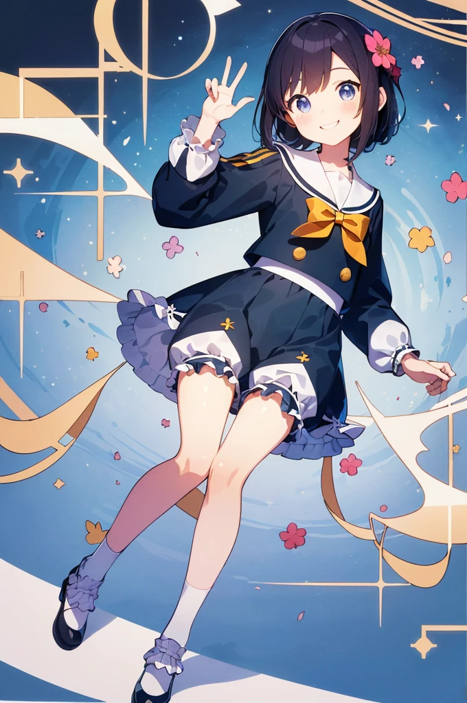 Several elementary school students, (masterpiece:1.8),(Highest quality:1.8),(Very detailed:1.8),(8k:1.8),(Ultra-fine Illustration:1.3),Random Hairstyles,Flat Chest,Long sleeve sailor suit,skirt,(Frills,Bloomers:1.4),(Pose with a smile:1.5),,(Full body angle),, 