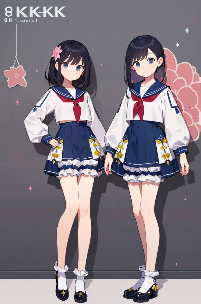 Several , (masterpiece:1.8),(Highest quality:1.8),(Very detailed:1.8),(8k:1.8),(Ultra-fine Illustration:1.3),Random Hairstyles,Flat Chest,Long sleeve sailor suit,skirt,(Frills,Bloomers:1.4),(Pose with a smile:1.5),,(Full body angle),, 