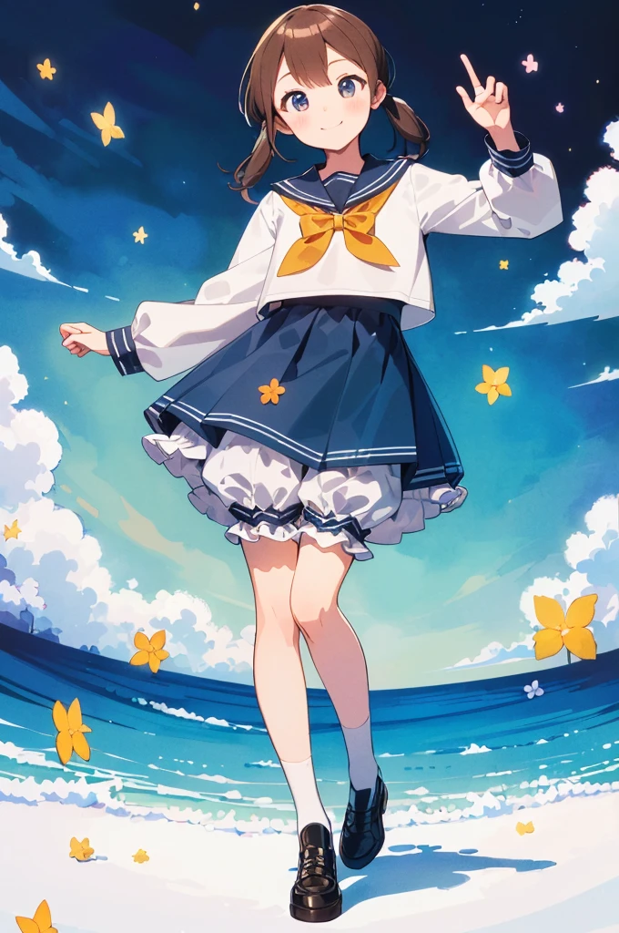 Several elementary school students, (masterpiece:1.8),(Highest quality:1.8),(Very detailed:1.8),(8k:1.8),(Ultra-fine Illustration:1.3),Random Hairstyles,Flat Chest,Long sleeve sailor suit,skirt,(Frills,Bloomers:1.4),(Pose with a smile:1.5),,(Full body angle),, 