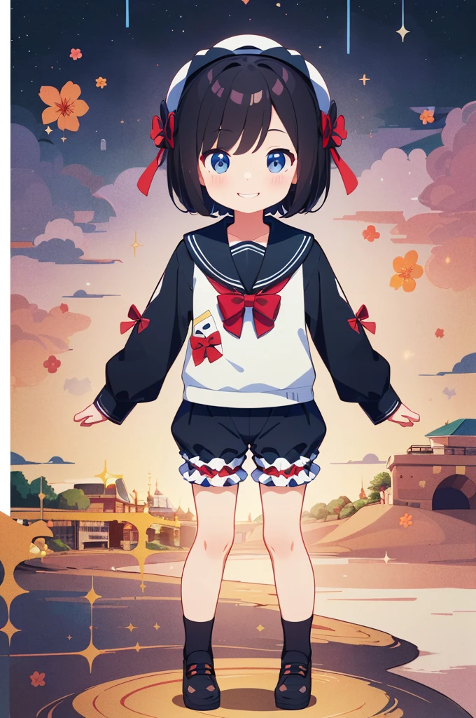 Several elementary school students, (masterpiece:1.8),(Highest quality:1.8),(Very detailed:1.8),(8k:1.8),(Ultra-fine Illustration:1.3),Random Hairstyles,Flat Chest,Long sleeve sailor suit,skirt,(Frills,Bloomers:1.4),(Pose with a smile:1.5),,(Full body angle),, 