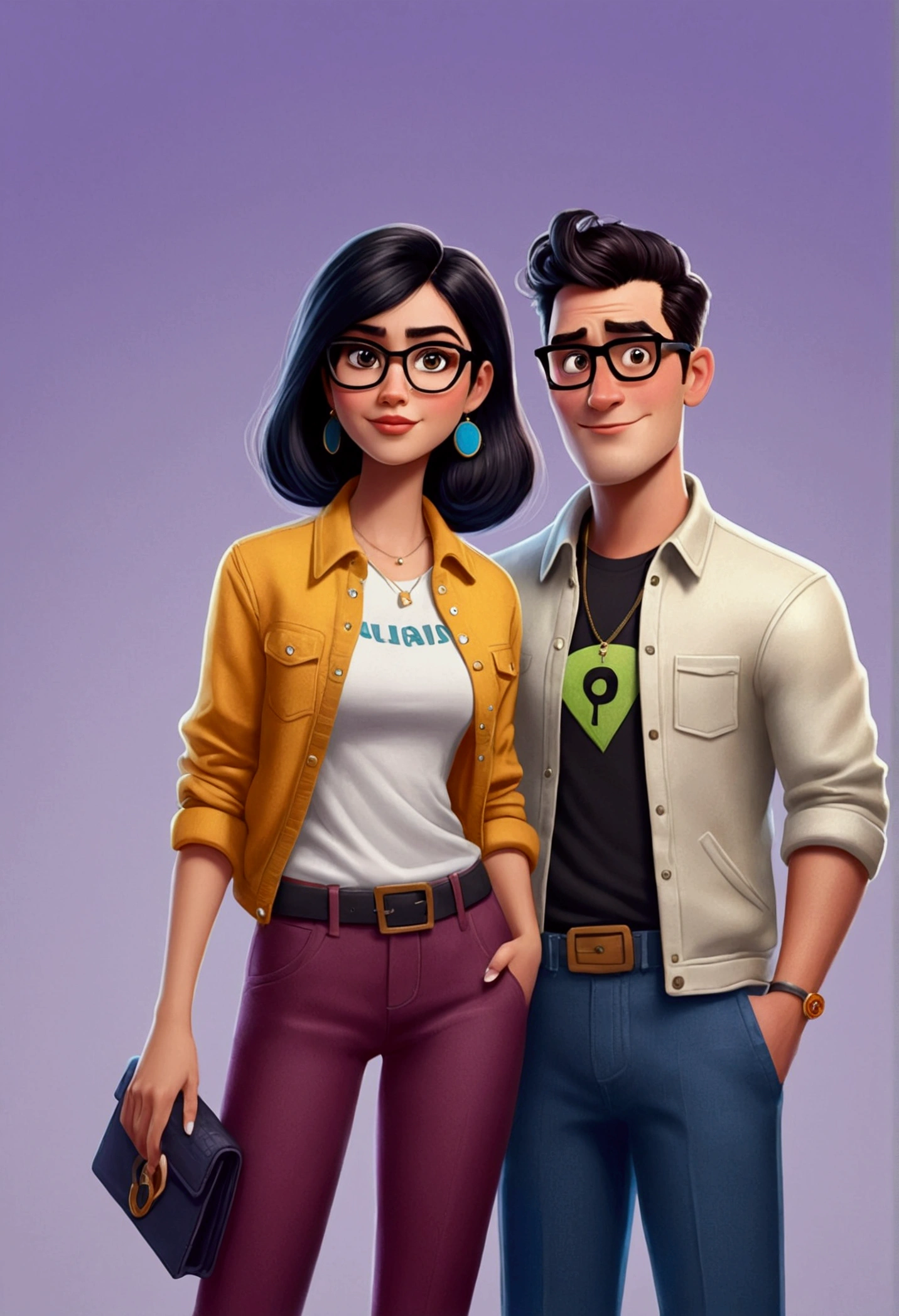 A COUPLE IN PIXAR DISNEY STYLE DRAWING, HE WITH SHORT BLACK HAIR AND TOPKET, OCULOS E stylish outfit, SHE WITH LONG STRAIGHT DARK BROWN HAIR, WITH MAKEUP AND EARRING, stylish outfit.