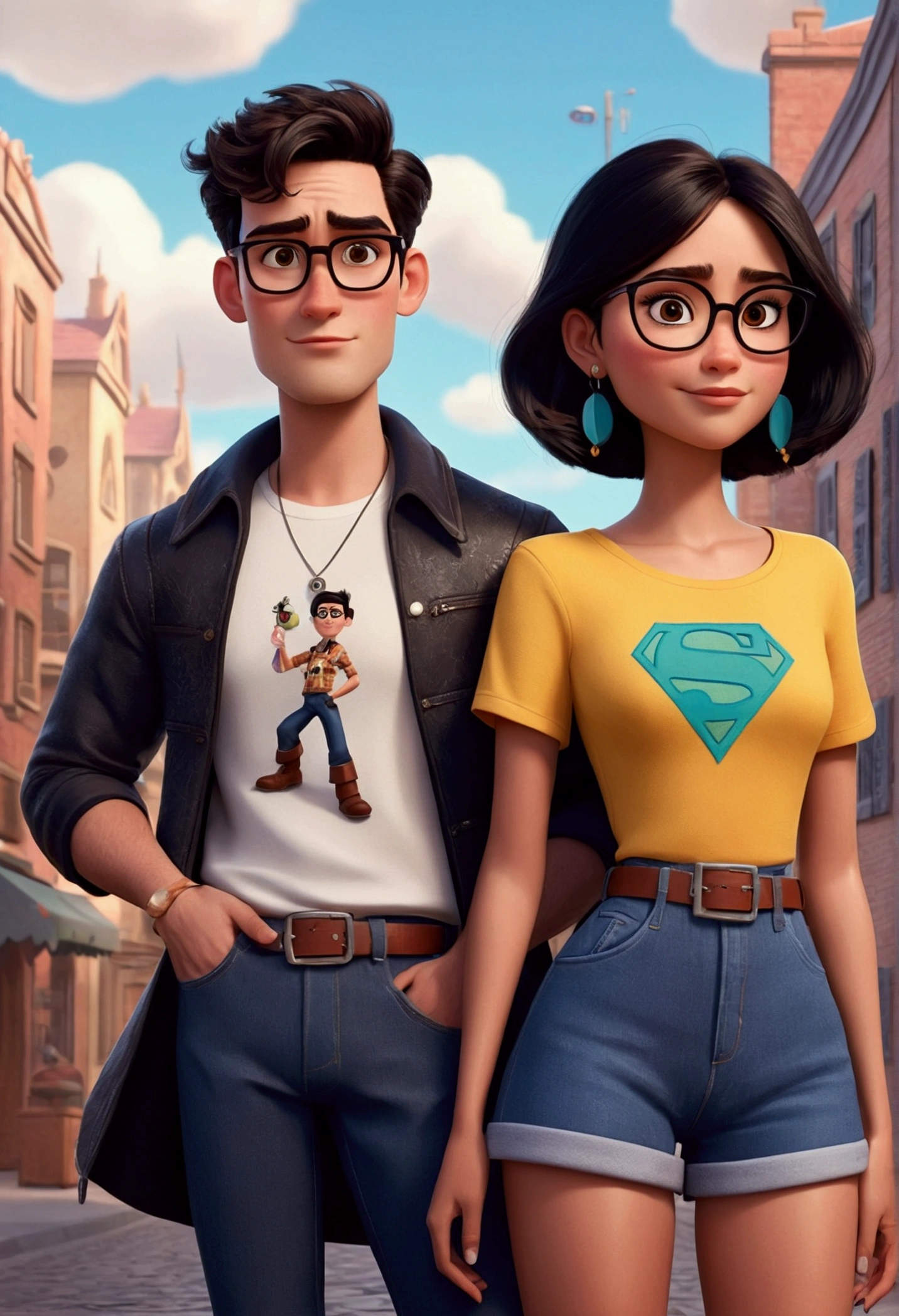 A COUPLE IN PIXAR DISNEY STYLE DRAWING, HE WITH SHORT BLACK HAIR AND TOPKET, OCULOS E stylish outfit, SHE WITH LONG STRAIGHT DARK BROWN HAIR, WITH MAKEUP AND EARRING, stylish outfit.