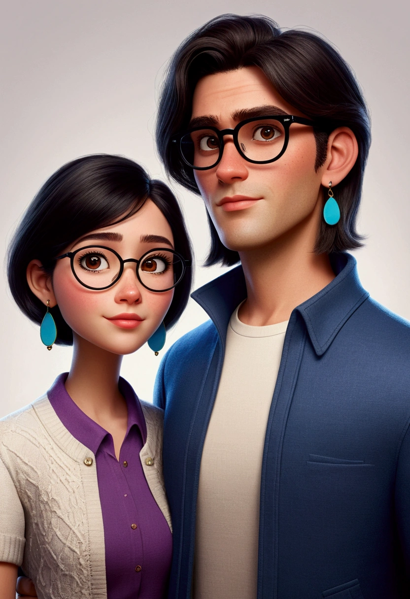 A COUPLE IN PIXAR DISNEY STYLE DRAWING, HE WITH SHORT BLACK HAIR AND TOPKET, OCULOS E stylish outfit, SHE WITH LONG STRAIGHT DARK BROWN HAIR, WITH MAKEUP AND EARRING, stylish outfit.